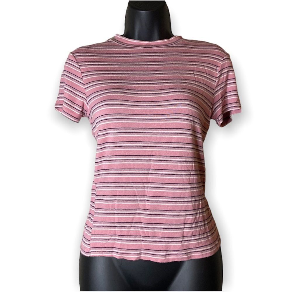 ACTIVE USA Short Sleeve Pink Striped T-Shirt crew neck soft comfy